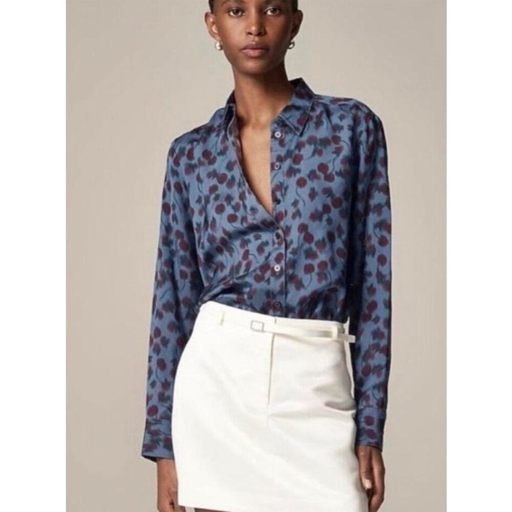NWT J.Crew Cherry Print Drapey Viscose Button Up Blouse Small